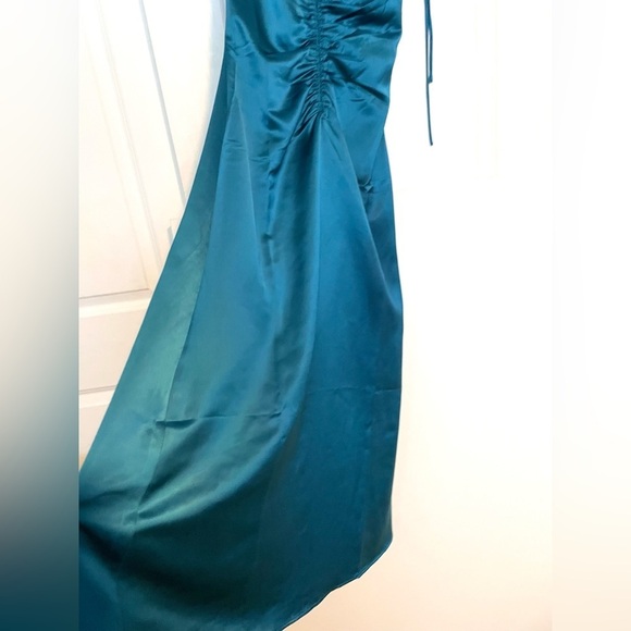 Jason Wu Teal Turquoise Satin Tie Strap low black slip midi dress ruched XS - Picture 14 of 14